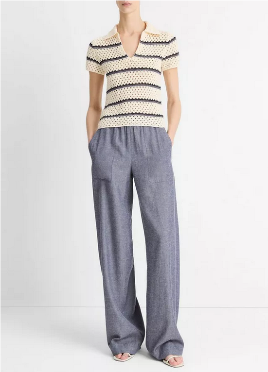 VINCE Striped Macramé Cotton Polo Sweater - Off White Combo