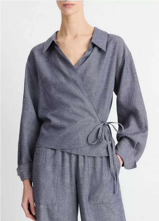 VINCE Collared Wrap Top - Mid Indigo