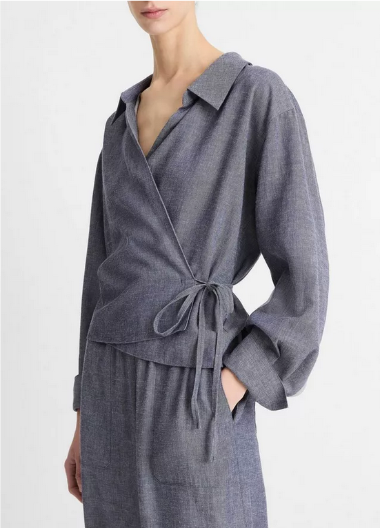 VINCE Collared Wrap Top - Mid Indigo