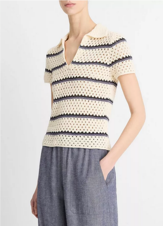 VINCE Striped Macramé Cotton Polo Sweater - Off White Combo