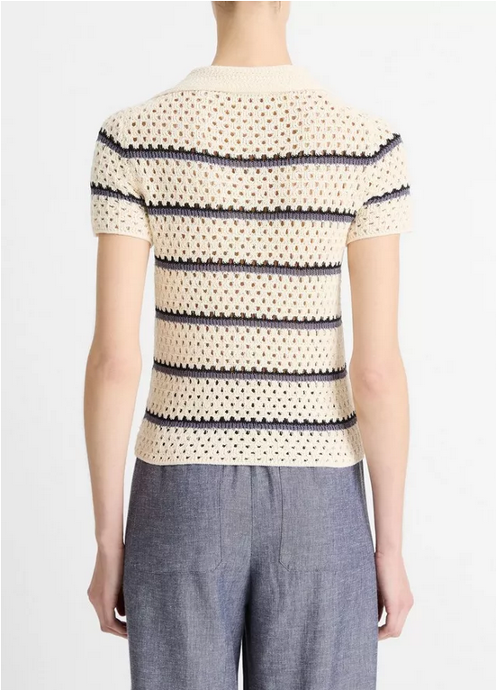 VINCE Striped Macramé Cotton Polo Sweater - Off White Combo