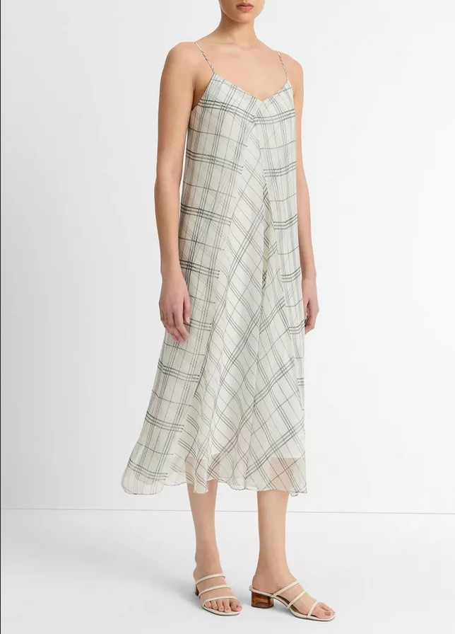 VINCE Fenced Plaid Layered Dress - Off White/Grey