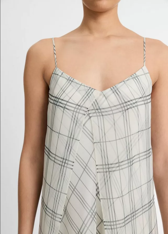 VINCE Fenced Plaid Layered Dress - Off White/Grey