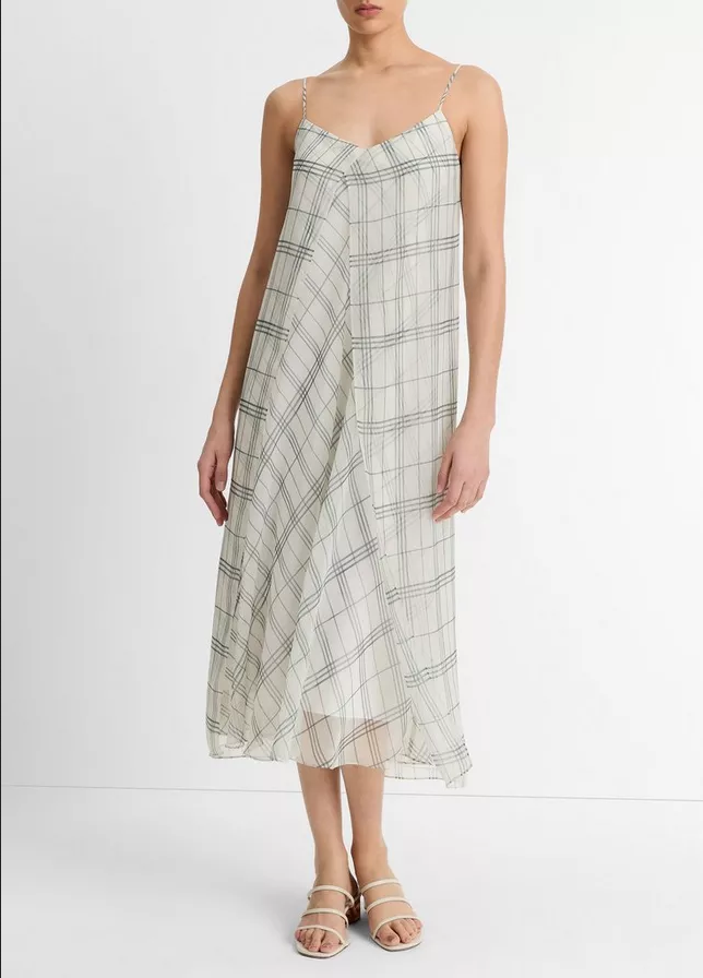 VINCE Fenced Plaid Layered Dress - Off White/Grey