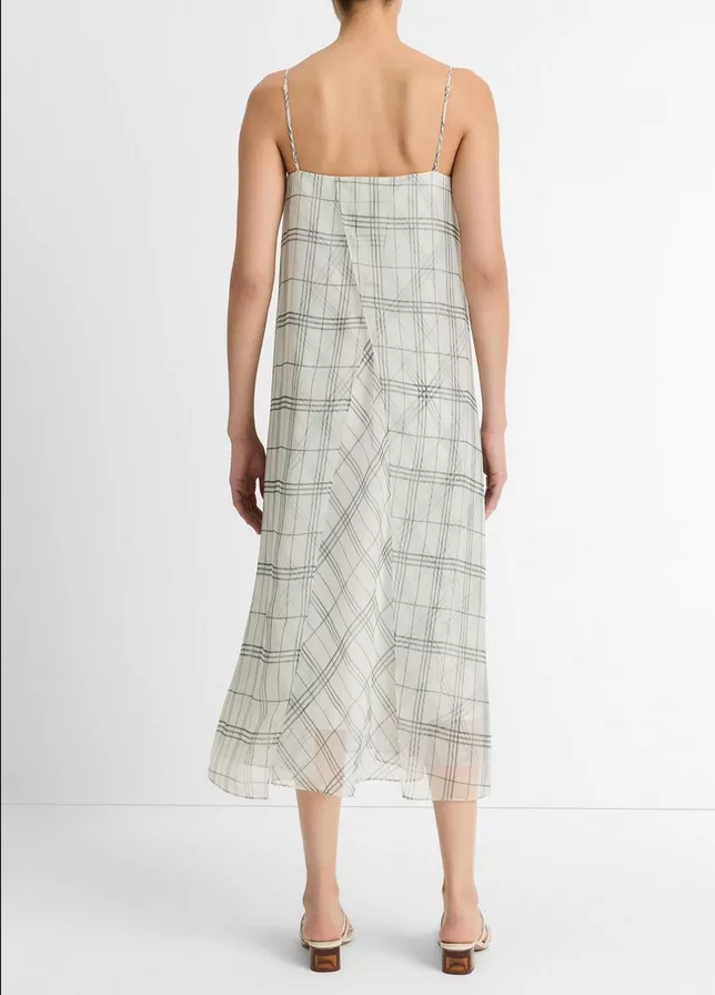 VINCE Fenced Plaid Layered Dress - Off White/Grey