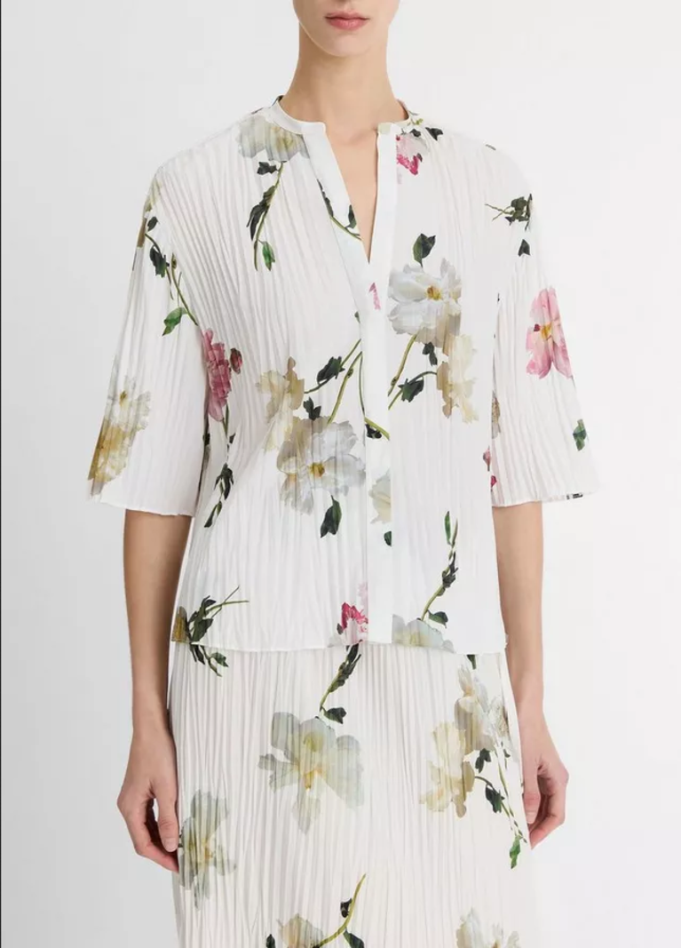 VINCE Pleated Band Collar Blouse -  White Peony