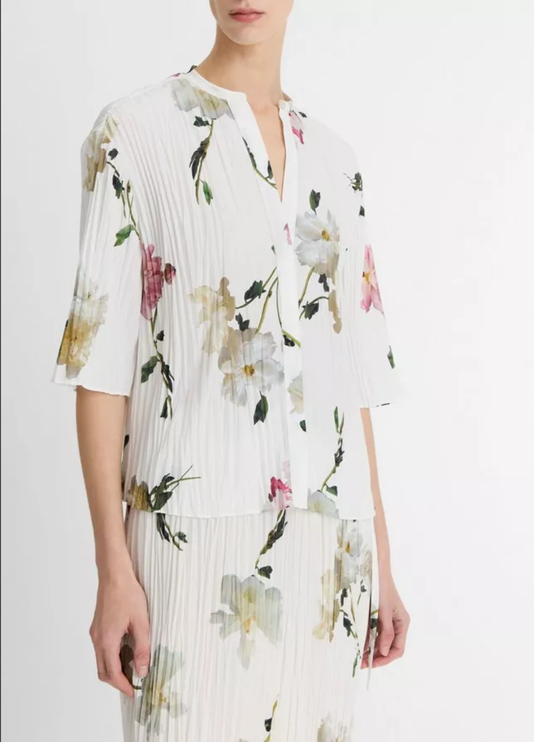 VINCE Pleated Band Collar Blouse -  White Peony