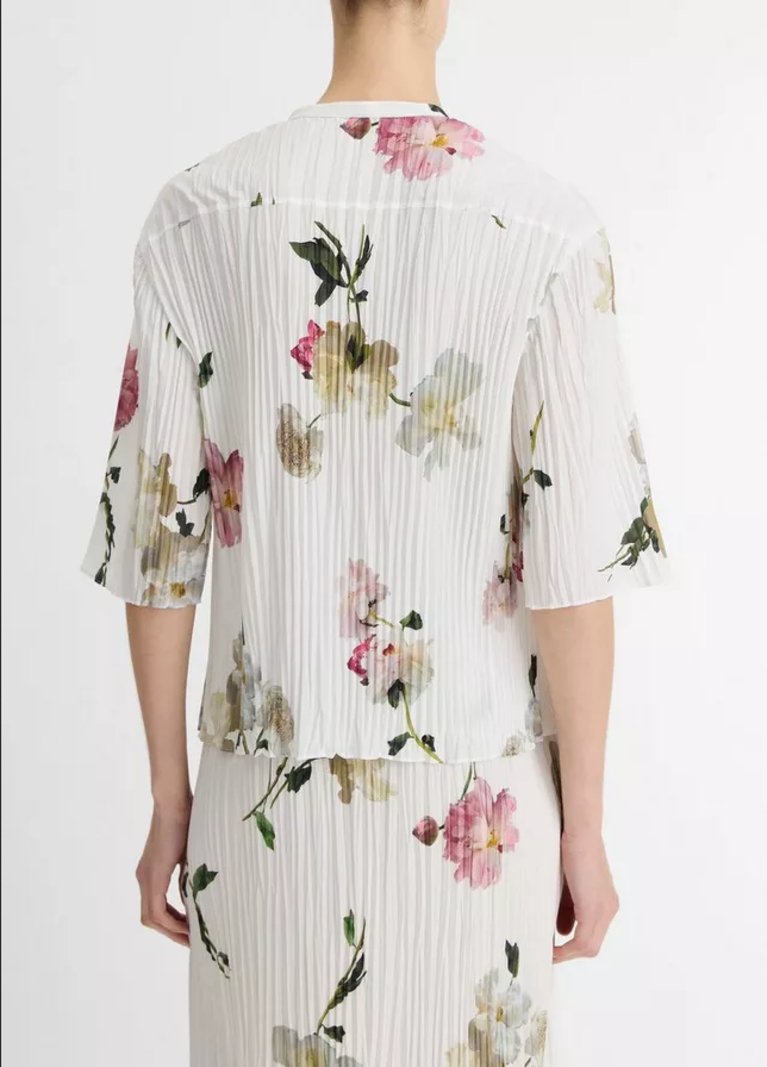 VINCE Pleated Band Collar Blouse -  White Peony