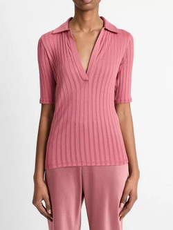 VINCE Elbow Sleeve Polo Shirt - Peony Wood