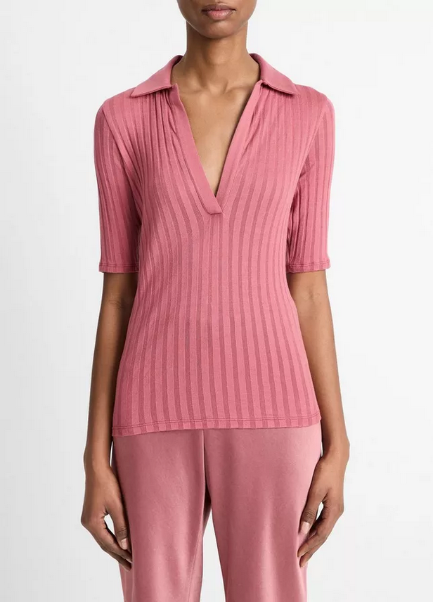 VINCE Elbow Sleeve Polo Shirt - Peony Wood