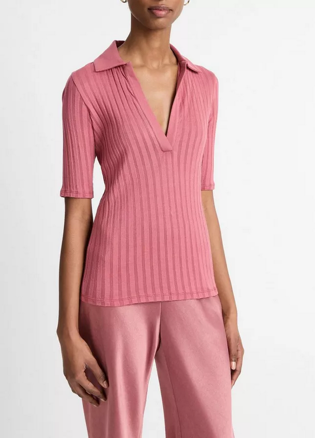 VINCE Elbow Sleeve Polo Shirt - Peony Wood