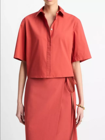 VINCE Cotton Short-Sleeve Cropped Shirt - Brick Rose