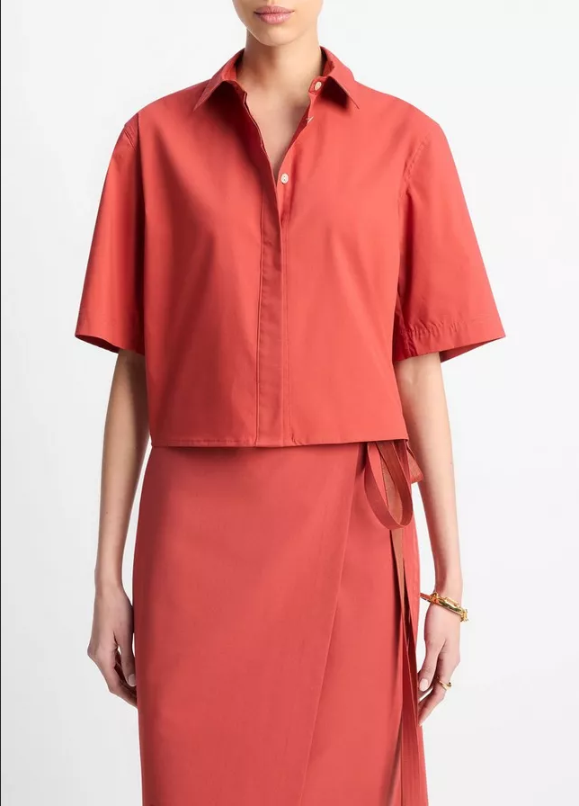 VINCE Cotton Short-Sleeve Cropped Shirt - Brick Rose