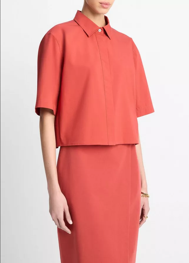 VINCE Cotton Short-Sleeve Cropped Shirt - Brick Rose