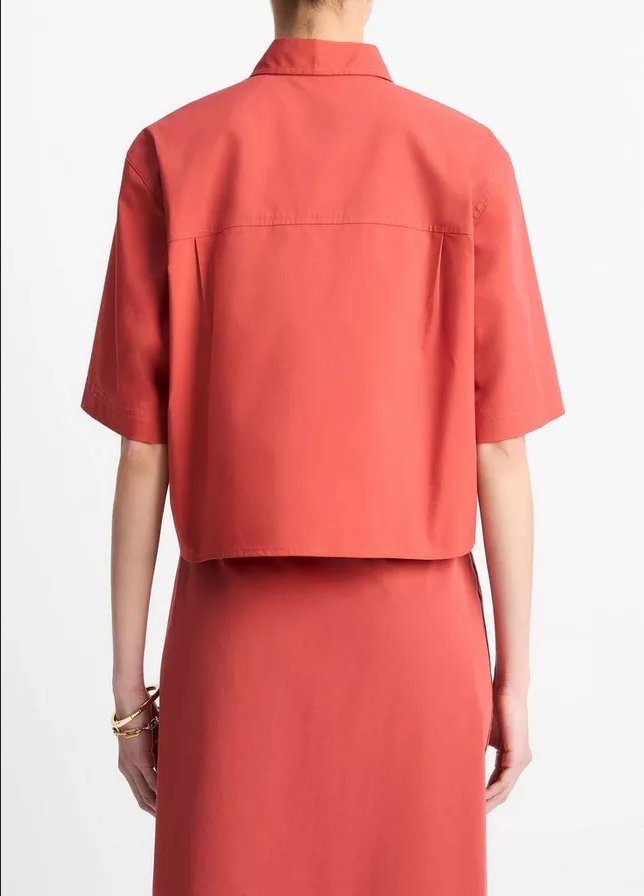 VINCE Cotton Short-Sleeve Cropped Shirt - Brick Rose