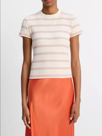 VINCE Striped Ribbed Top - Oat Shell Combo