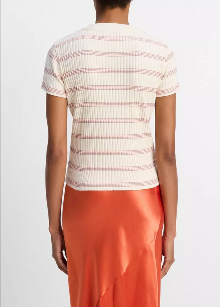 VINCE Striped Ribbed Top - Oat Shell Combo