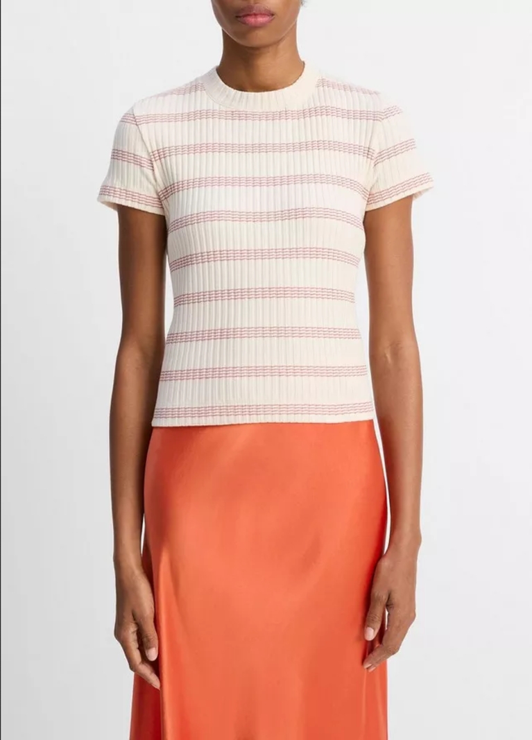 VINCE Striped Ribbed Top - Oat Shell Combo