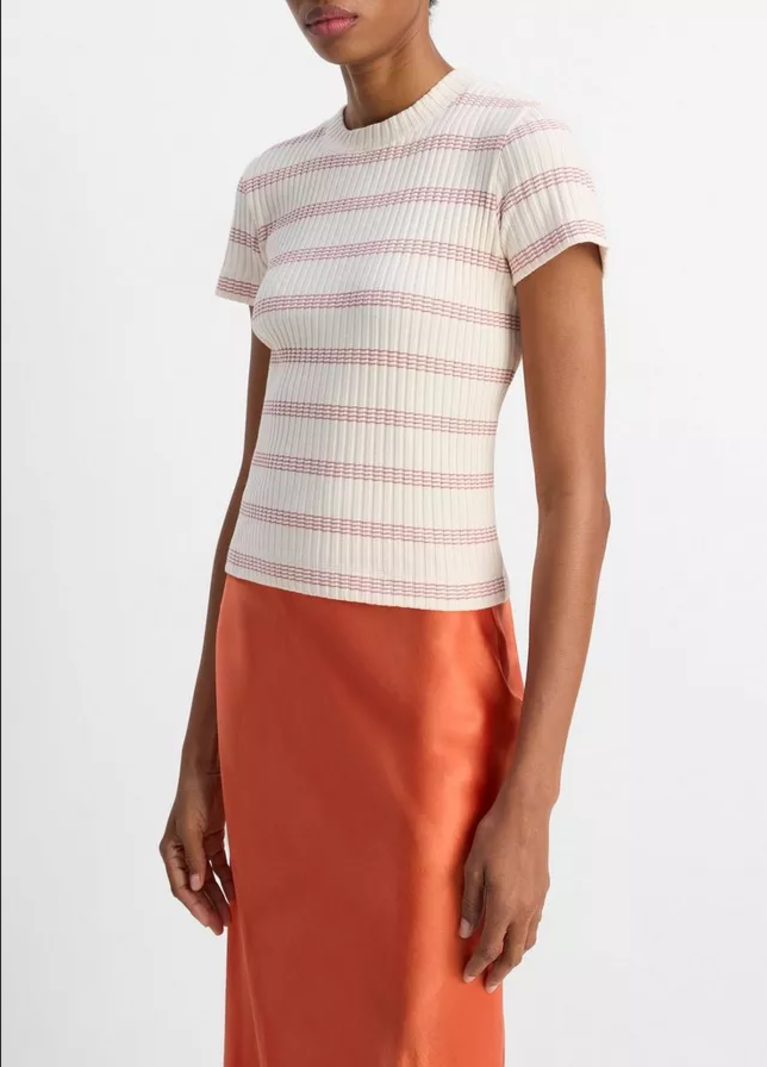 VINCE Striped Ribbed Top - Oat Shell Combo