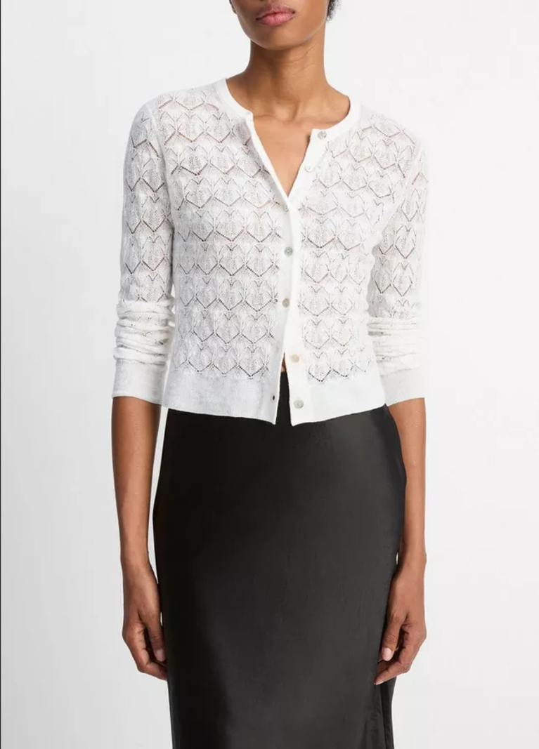 VINCE Lace-Stitch Cotton Cardigan - Optic White