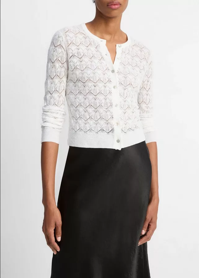 VINCE Lace-Stitch Cotton Cardigan - Optic White