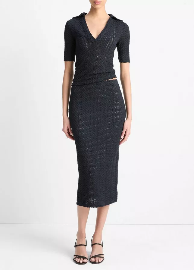 VINCE Textural Cotton Midi Skirt - Coastal Blue