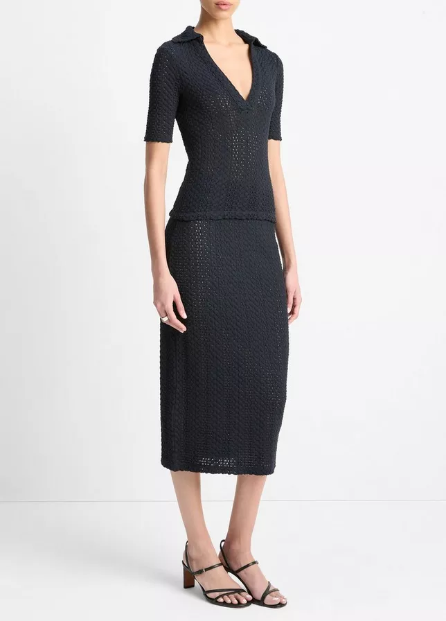 VINCE Textural Cotton Midi Skirt - Coastal Blue