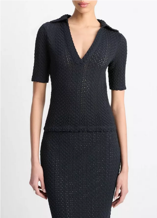 VINCE Textural Cotton Elbow-Sleeve Polo - Coastal Blue