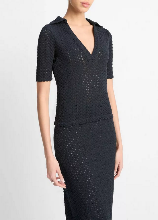 VINCE Textural Cotton Elbow-Sleeve Polo - Coastal Blue