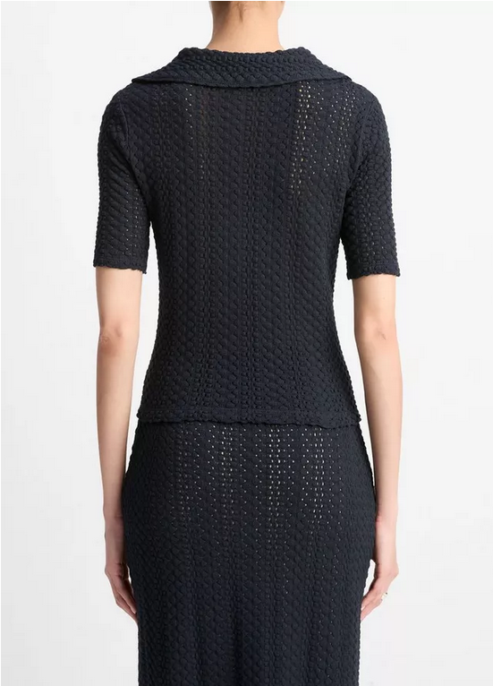 VINCE Textural Cotton Elbow-Sleeve Polo - Coastal Blue