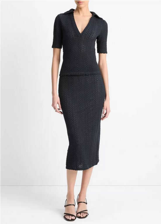 VINCE Textural Cotton Elbow-Sleeve Polo - Coastal Blue