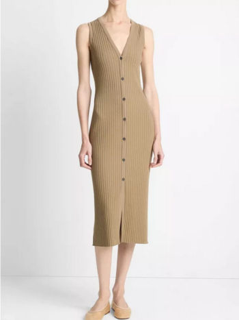 VINCE Ribbed Cotton-Blend Button-Front Dress - Tapenade