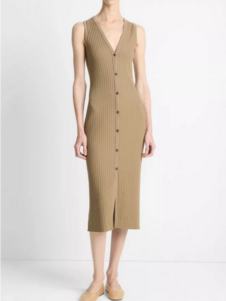 VINCE Ribbed Cotton-Blend Button-Front Dress