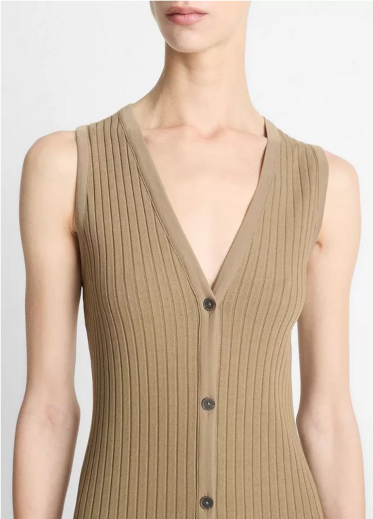 VINCE Ribbed Cotton-Blend Button-Front Dress - Tapenade