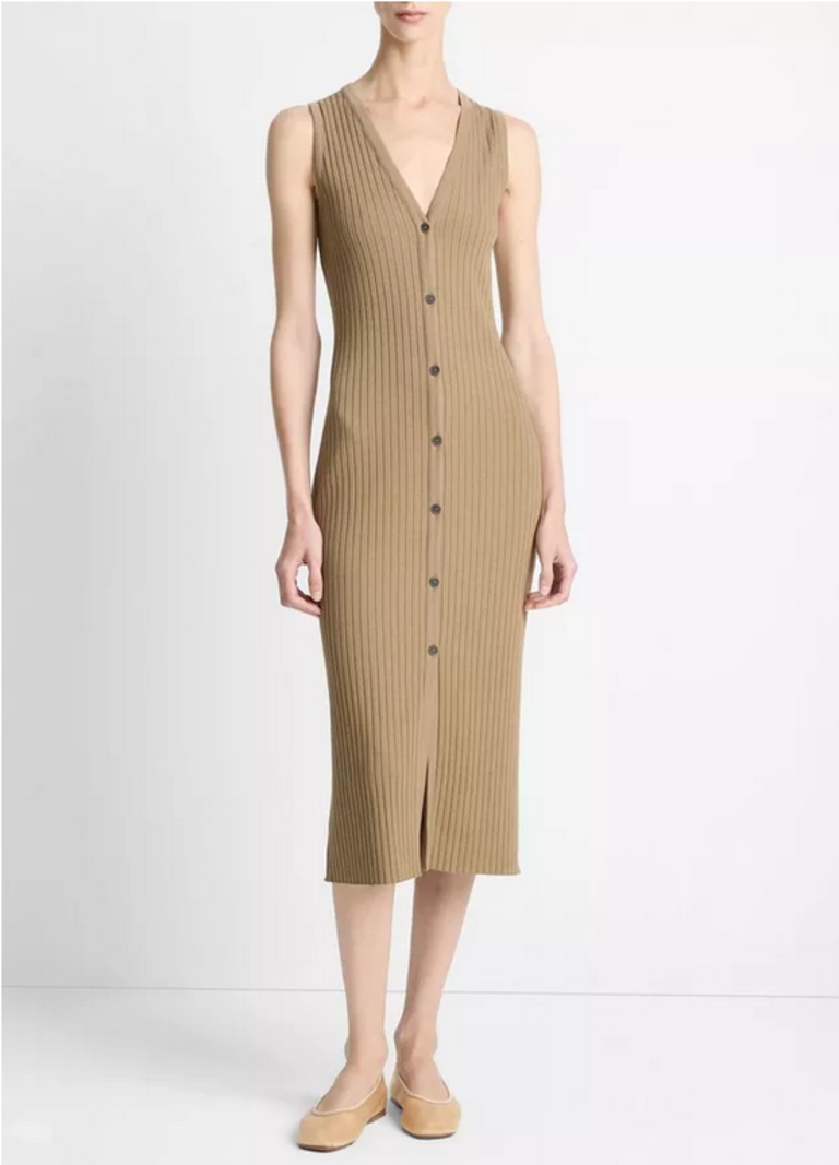 VINCE Ribbed Cotton-Blend Button-Front Dress - Tapenade