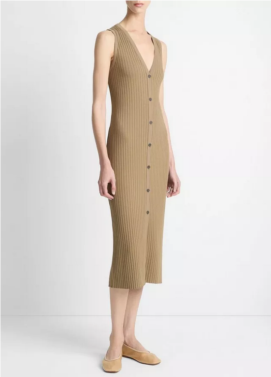 VINCE Ribbed Cotton-Blend Button-Front Dress - Tapenade
