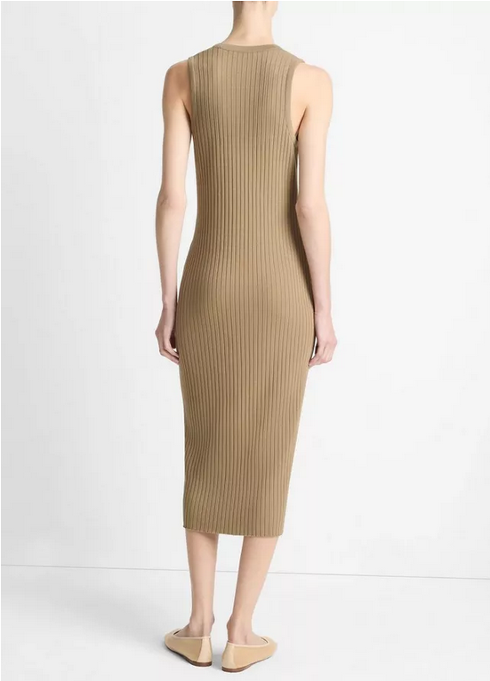 VINCE Ribbed Cotton-Blend Button-Front Dress - Tapenade
