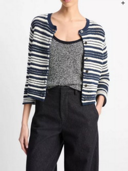 VINCE Textured Stripe Italian Cotton Cardigan - Navy/Off White