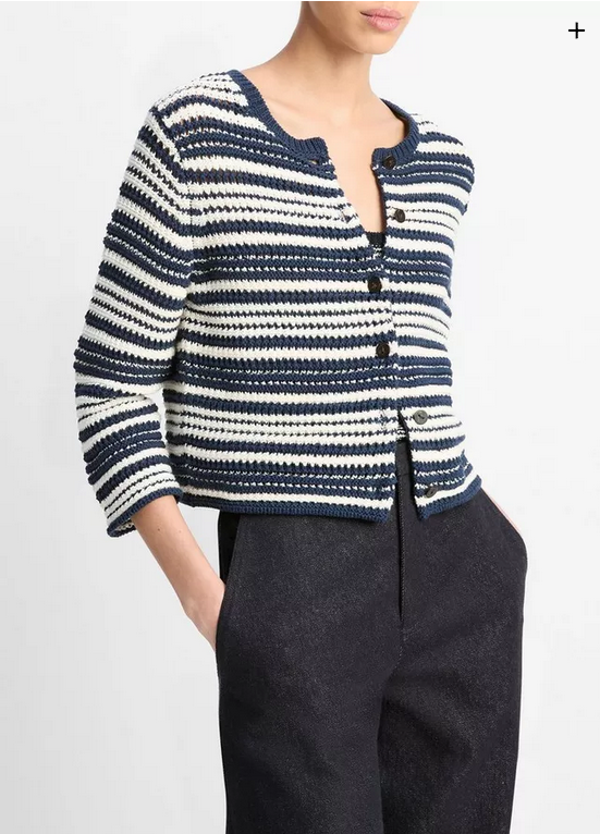 VINCE Textured Stripe Italian Cotton Cardigan - Navy/Off White