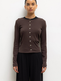 LESET Pointelle Classic Crew Cardigan - Choco