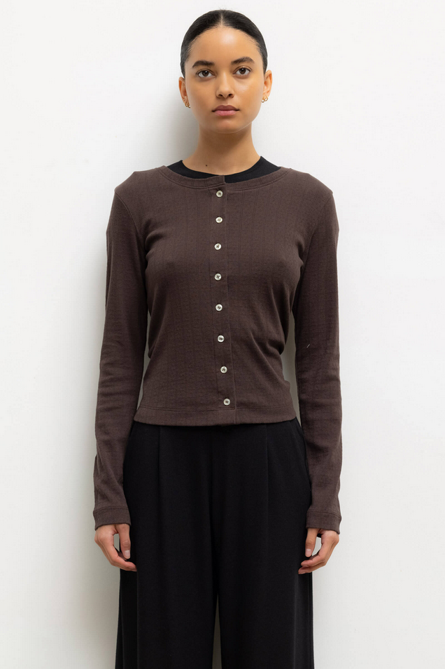 LESET Pointelle Classic Crew Cardigan - Choco
