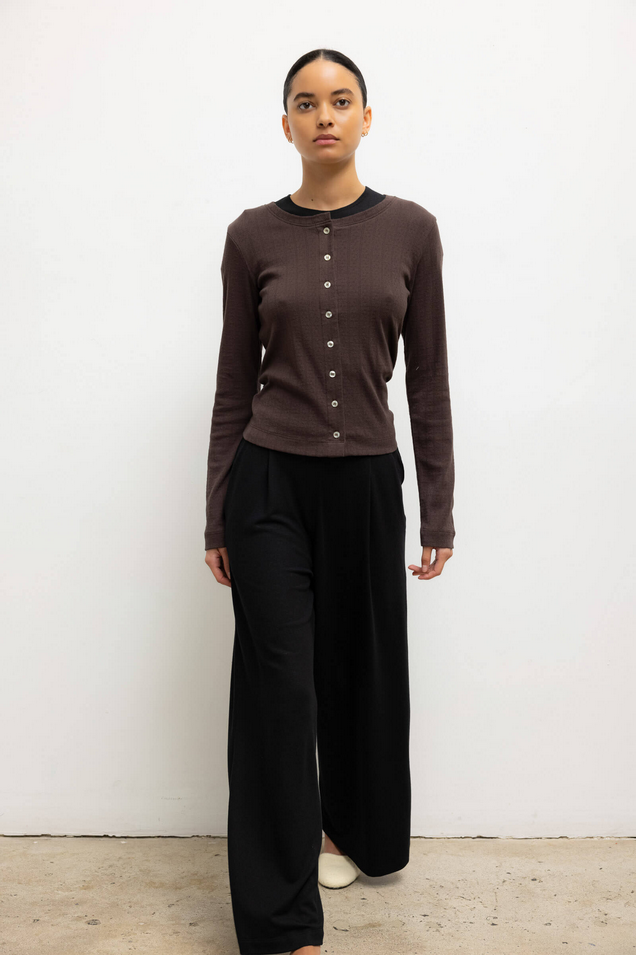 LESET Pointelle Classic Crew Cardigan - Choco