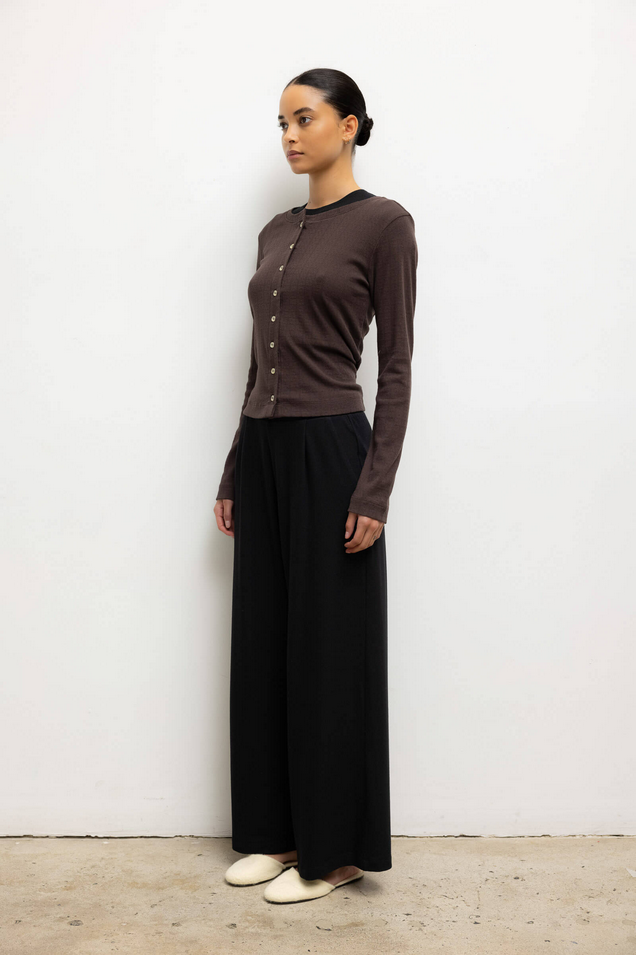 LESET Pointelle Classic Crew Cardigan - Choco