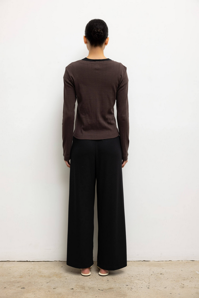 LESET Pointelle Classic Crew Cardigan - Choco