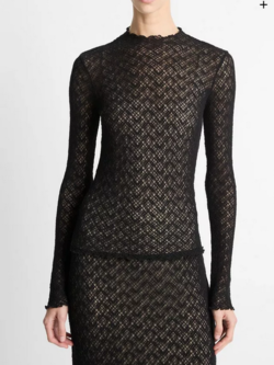 VINCE Diamond Lace Mock-Neck Long-Sleeve Top - Black