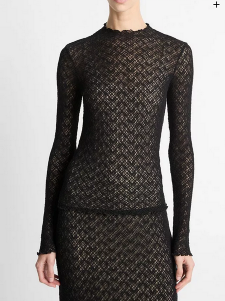VINCE Diamond Lace Mock-Neck Long-Sleeve Top