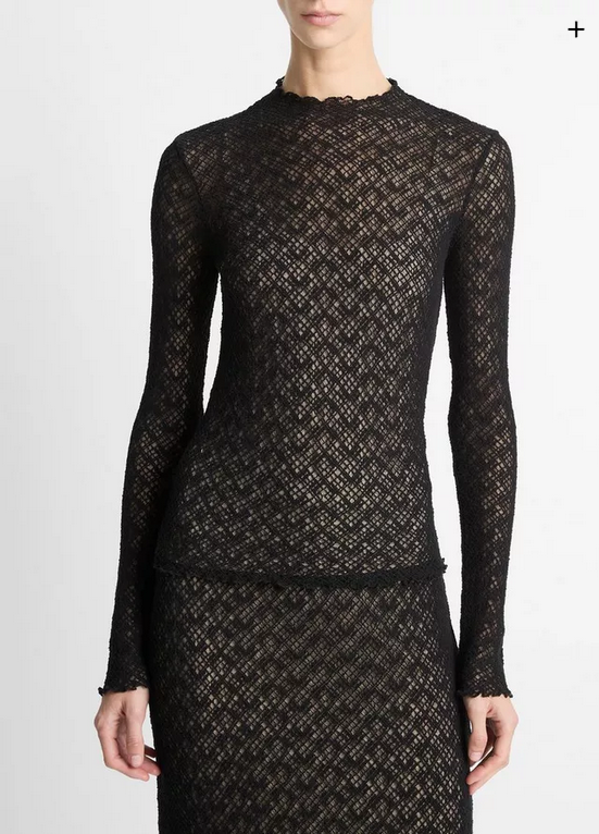 VINCE Diamond Lace Mock-Neck Long-Sleeve Top - Black