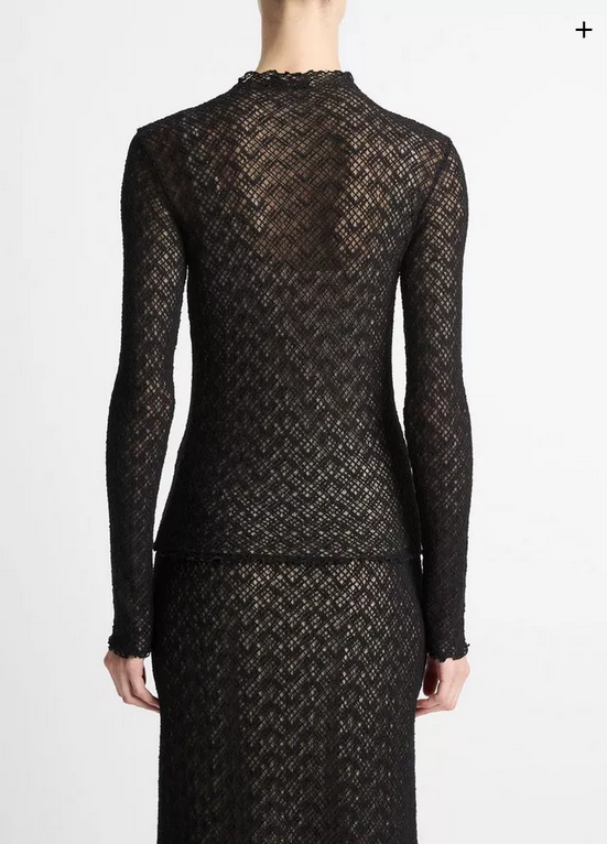 VINCE Diamond Lace Mock-Neck Long-Sleeve Top - Black