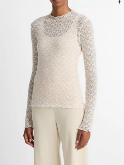 VINCE Diamond Lace Mock-Neck Long-Sleeve Top - Alabaster
