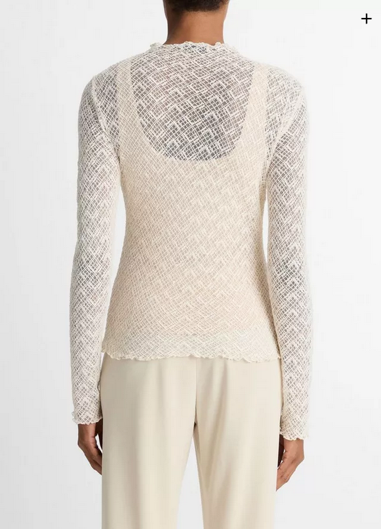 VINCE Diamond Lace Mock-Neck Long-Sleeve Top - Alabaster